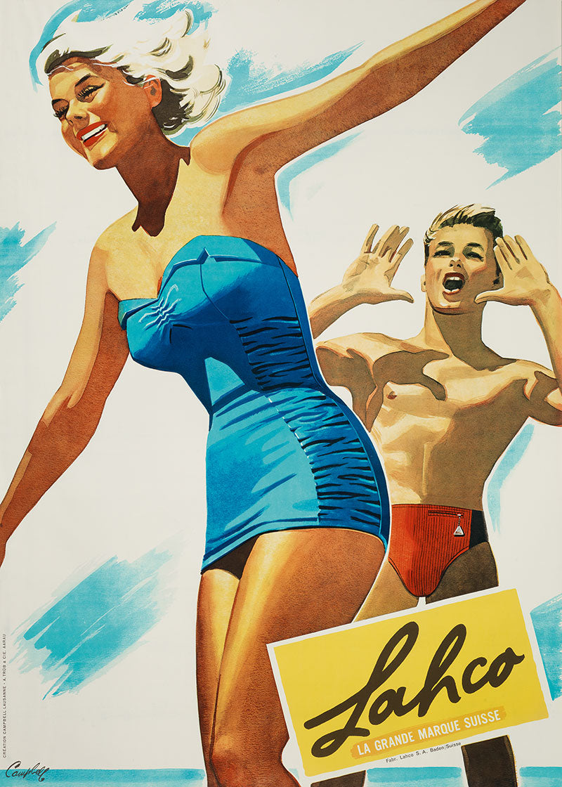 Altes Lahco Poster mit Frau und Mann mit blaue und Rote Badekleidung