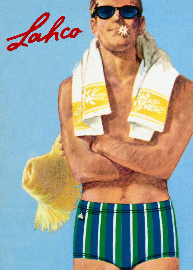 Ancienne affiche Lahco avec un homme et des maillots de bain rayés