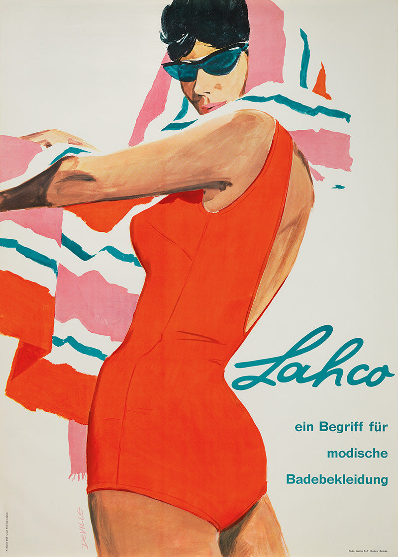 Old Lahco poster with woman and orange swimsuit with foulard and sunglasses